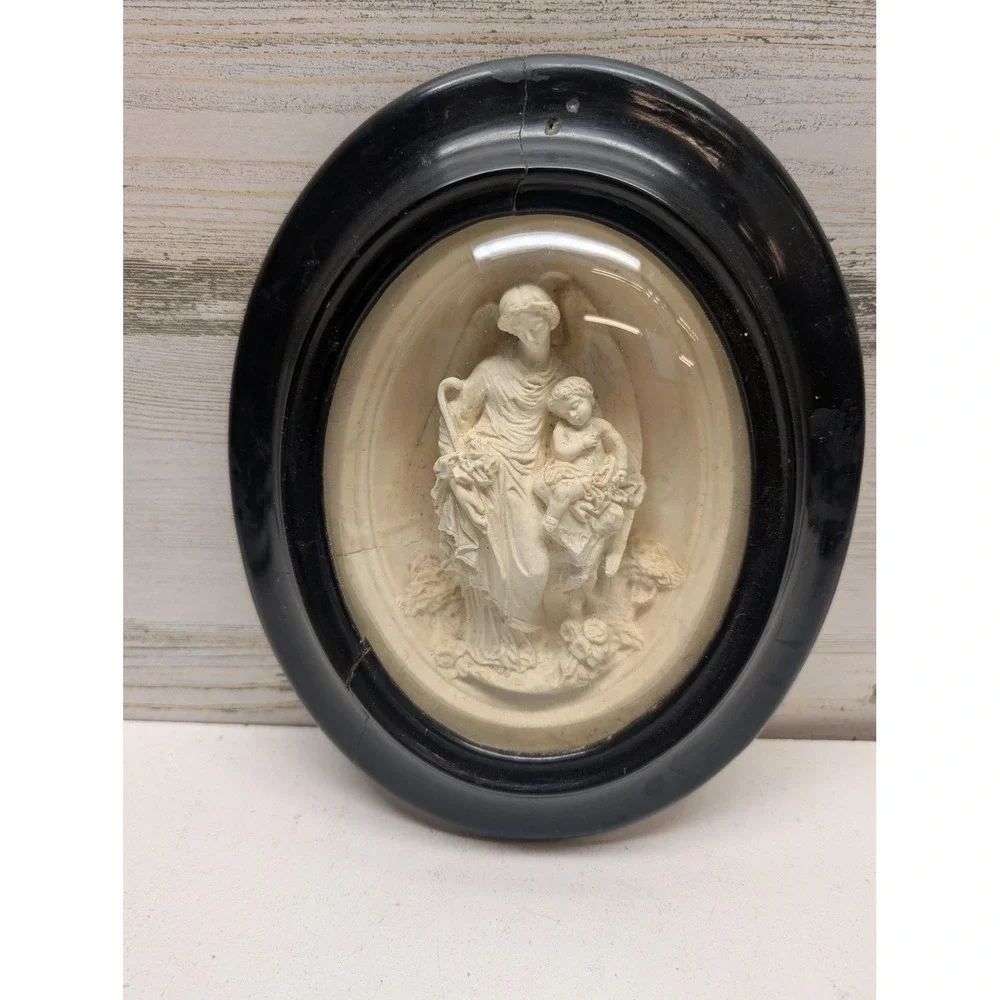 Vintage Guardian Angel Child Oval Relief Wall Plaque Black Frame Christian Decor